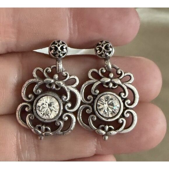 BRIGHTON ROSELIE FLOWER CLEAR SWAROVSKI CRYST SILVER POST DROP EARRINGS VINTAGE - Picture 3 of 4